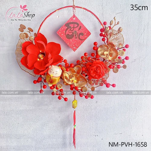 Vòng hoa thần tài 35cm treo cửa đón vận may mắn trang trí tết năm mới mẫu 658