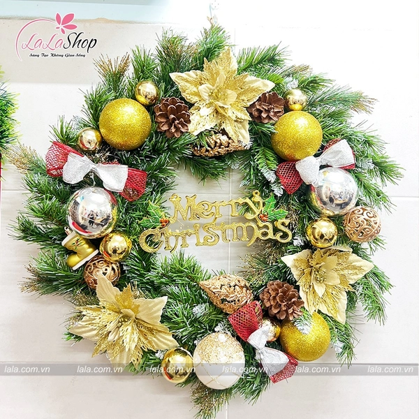 Vòng nguyệt quế 60cm treo cửa trang trí giáng sinh Tặng kèm đèn mẫu 228