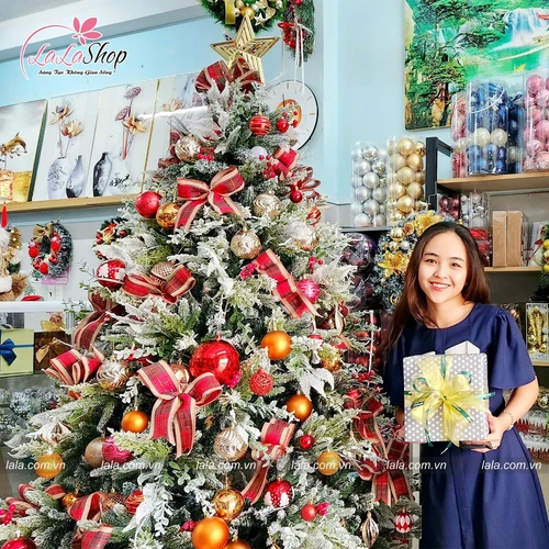 Cây Thông Đầu Nhọn 5 Loại Lá Phủ Tuyết Gắn Trái Đỏ Cao 2m full phụ kiện