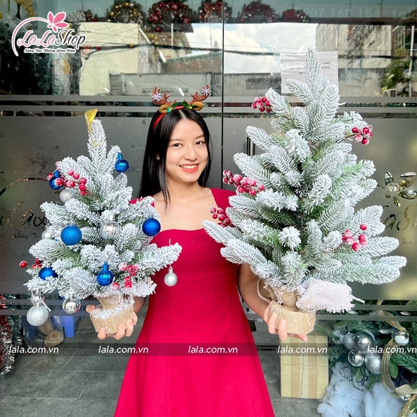 Cây thông noel mini pe phủ tuyết gắn trái đỏ