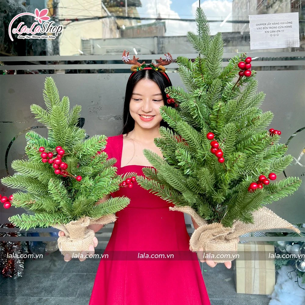 Cây Thông Noel Mini Lá PE Gắn Trái Đỏ