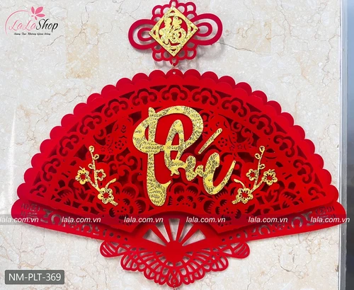 Liễn quạt nhung đỏ chữ Phúc vàng treo cửa trang trí tết 369