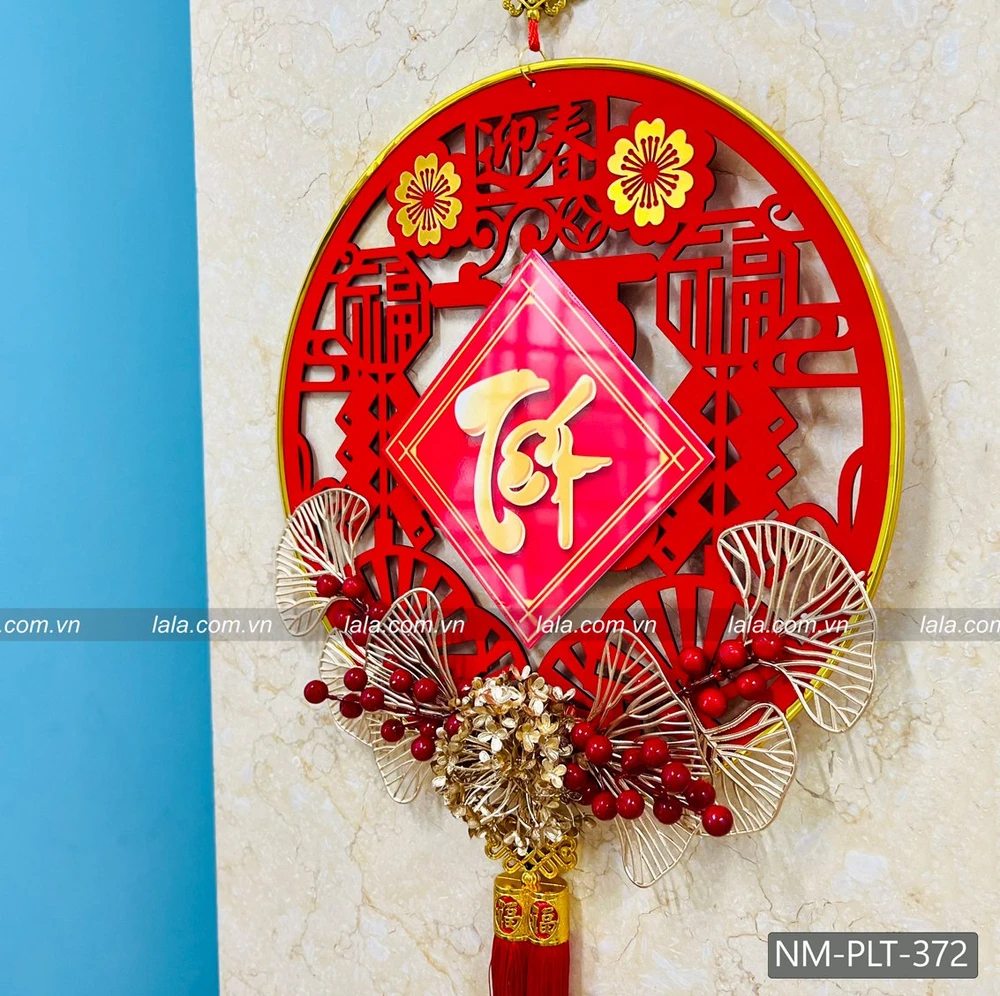 Liễn tròn 40cm nhung đỏ chữ tết kèm phụ kiện treo cửa trang trí tết 372