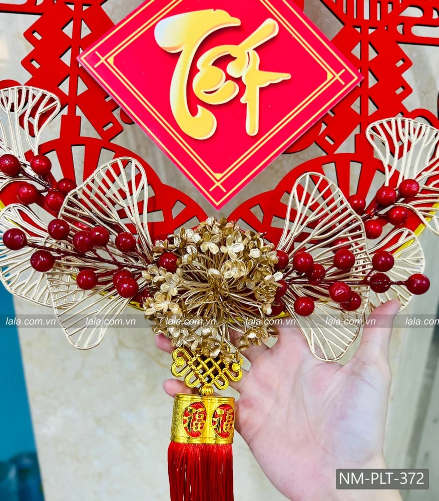 Liễn tròn 40cm nhung đỏ chữ tết kèm phụ kiện treo cửa trang trí tết 372