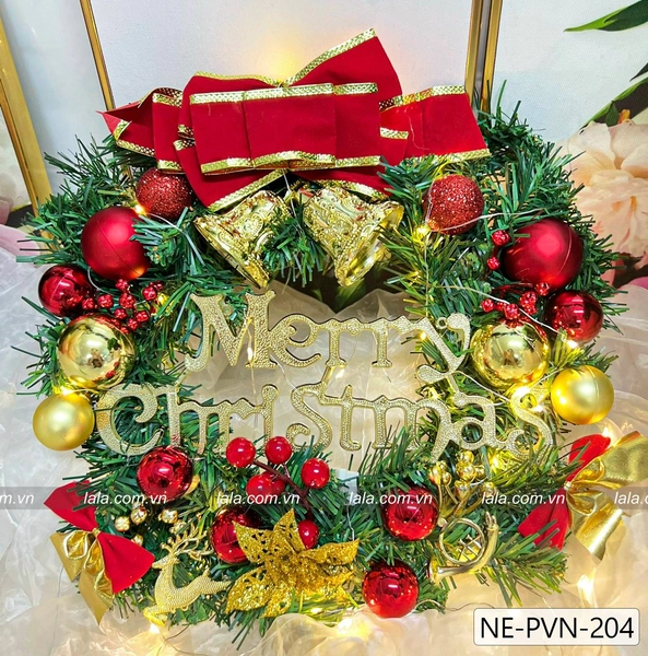 Vòng Nguyệt Quế Noel 30cm Treo Cửa Gắn Nơ Đỏ kèm đèn LED Mẫu 204