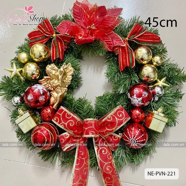 Vòng nguyệt quế 45cm treo cửa phụ kiện cao cấp trang trí giáng sinh - Tặng kèm đèn mẫu 220