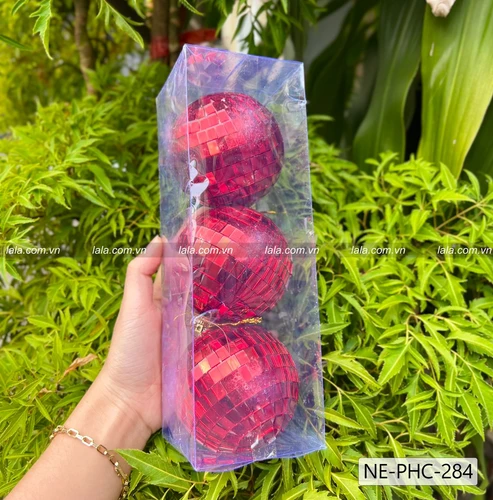Hộp 3 quả châu đỏ kim tuyến lấp lánh trang trí cây thông noel mẫu 284