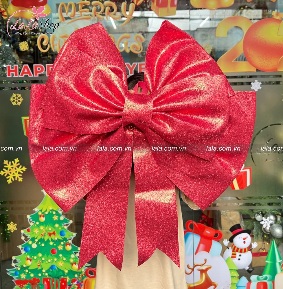 Nơ  kim tuyến đỏ khổng lồ treo cửa kính trang trí giáng sinh