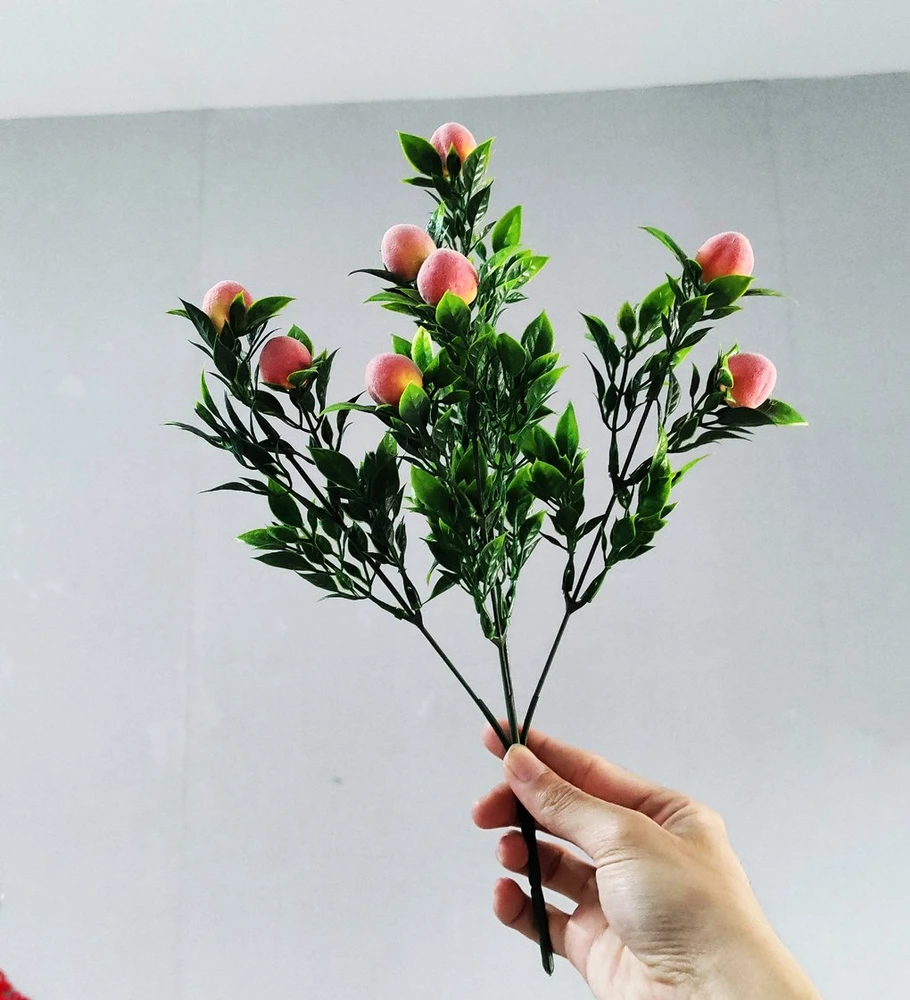 Cành quả đào hồng có lá phụ kiện trang trí tiểu cảnh tết mẫu 1370