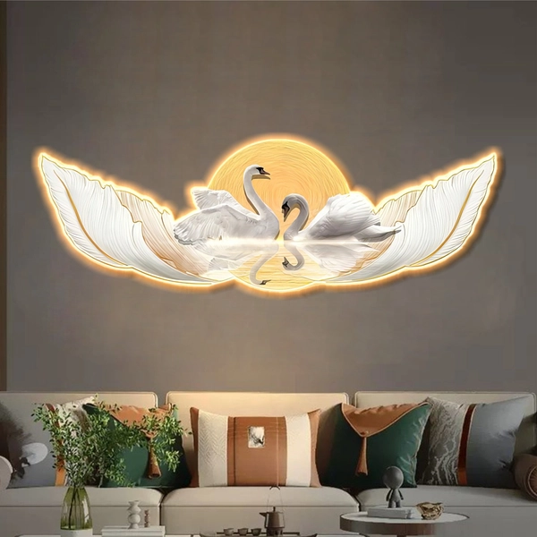 Tranh đèn tráng gương đôi thiên nga trang trí phòng khách