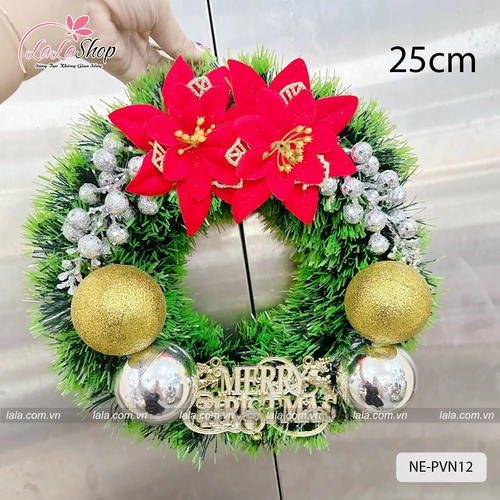 Vòng nguyệt quế trang trí noel hoa đỏ và châu vàng