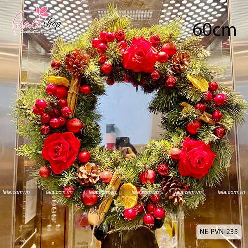 Vòng nguyệt quế Noel 60cm kèm đèn led treo cửa tặng kèm đèn trang trí giáng sinh mẫu 235