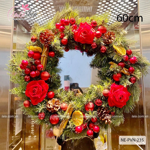 Vòng nguyệt quế Noel 60cm kèm đèn led treo cửa tặng kèm đèn trang trí giáng sinh mẫu 235