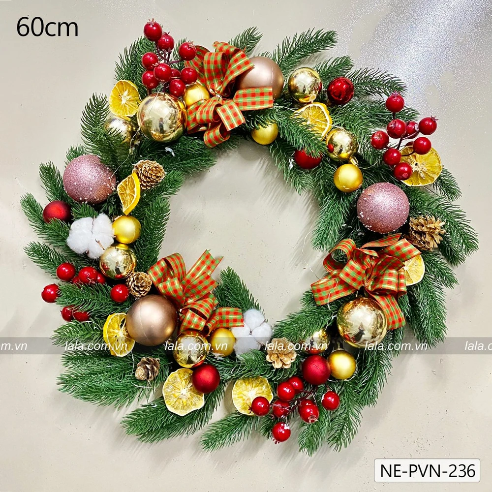 Vòng nguyệt quế giáng sinh 60cm treo của trang trí noel mẫu 236