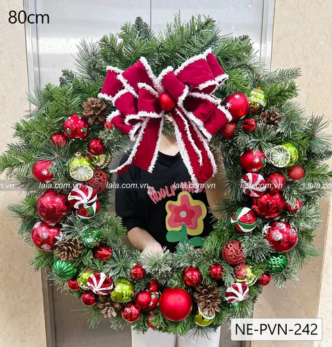 Vòng nguyệt quế Noel 80cm kèm đèn led treo cửa trang trí giáng sinh mẫu 242