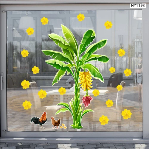 Decal Trang Trí Tết Cây Chuối Và Đàn Gà