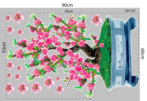 Decal Trang Trí Tết Chậu Cây Đào Hồng