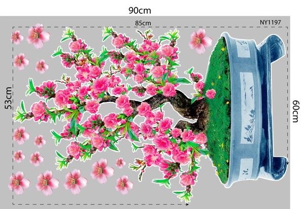 Decal Trang Trí Tết Chậu Cây Đào Hồng
