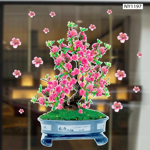 Decal Trang Trí Tết Chậu Cây Đào Hồng