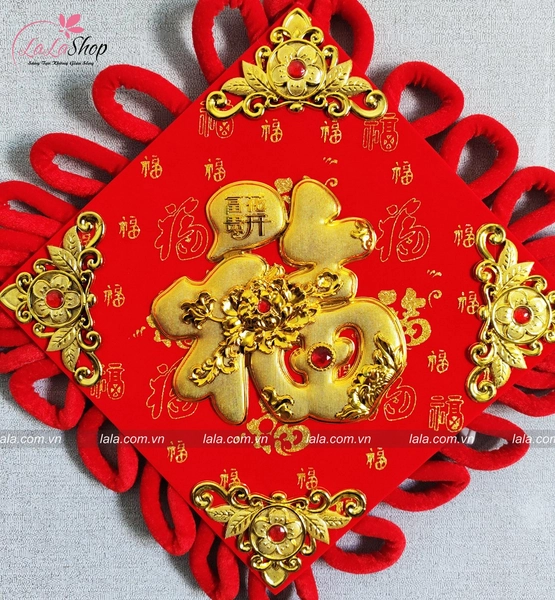 Liễn hoa mẫu đơn vàng nhung đỏ chữ phúc vàng trang trí tết mẫu 387