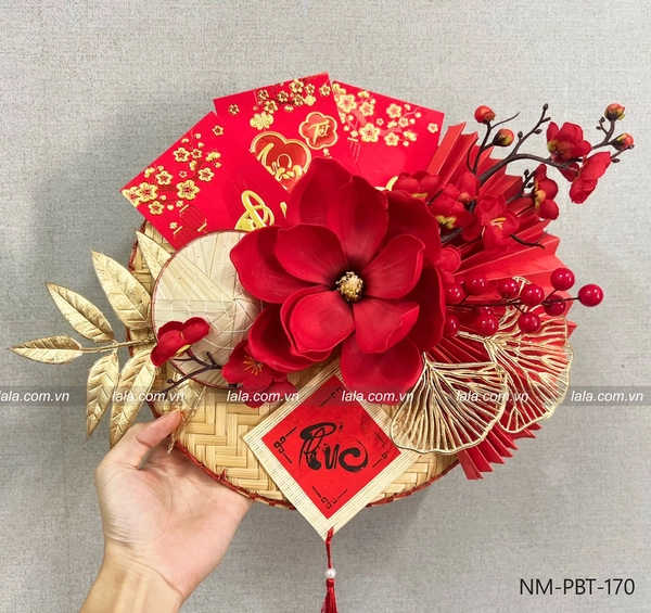Mẹt tết 40cm bao lì xì đỏ liễn chữ phúc hoa đào đón xuân mẫu 170