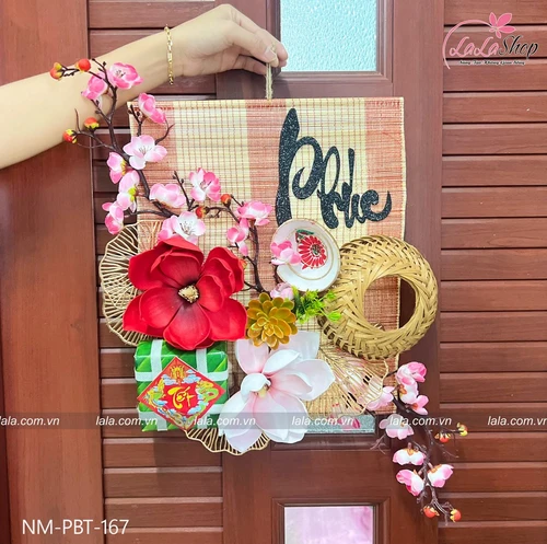 Mành tre bánh chưng hoa đào phụ kiện trang trí tiểu cảnh tết mẫu 166