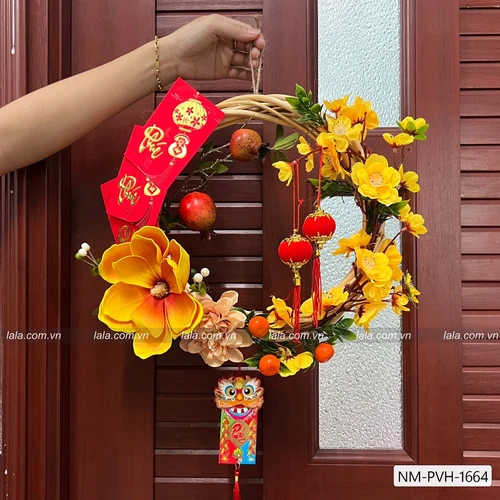 Vòng hoa mai vàng 35cm treo cửa đón vận may mắn trang trí tết năm mới mẫu 664