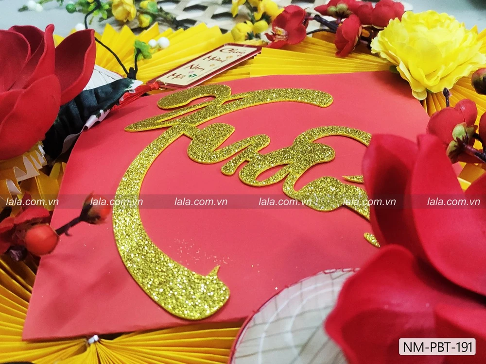 Mẹt tre quạt vàng chữ xuân đón năm mới phụ kiện trang trí tiểu cảnh tết