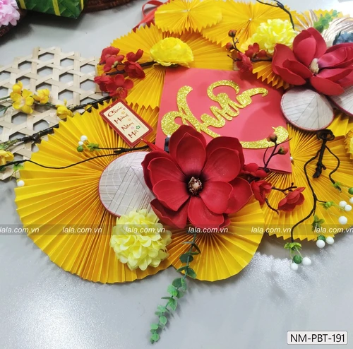Mẹt tre quạt vàng chữ xuân đón năm mới phụ kiện trang trí tiểu cảnh tết