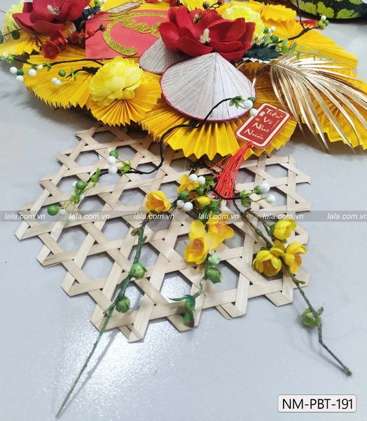 Mẹt tre quạt vàng chữ xuân đón năm mới phụ kiện trang trí tiểu cảnh tết