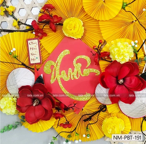 Mẹt tre quạt vàng chữ xuân đón năm mới phụ kiện trang trí tiểu cảnh tết