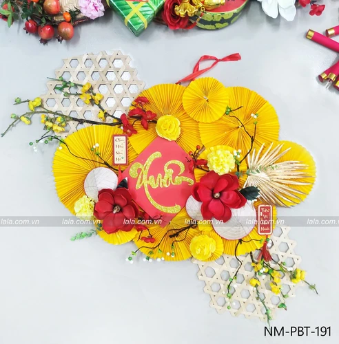 Mẹt tre quạt vàng chữ xuân đón năm mới phụ kiện trang trí tiểu cảnh tết