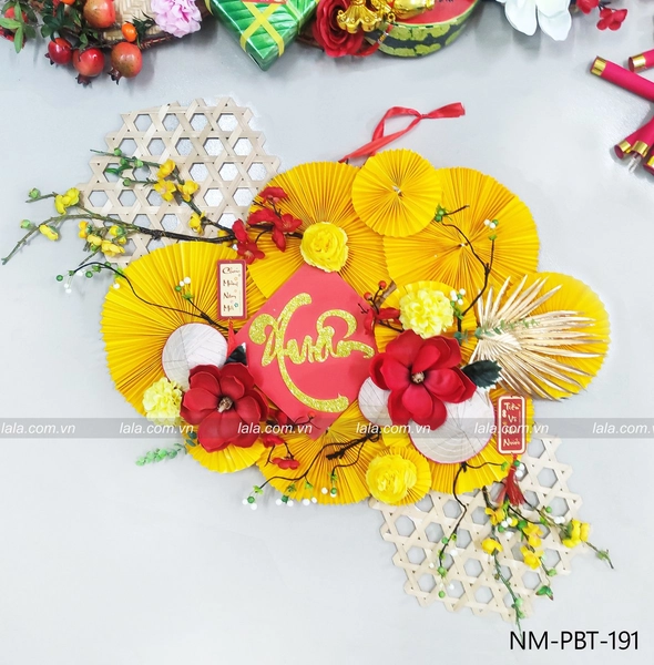 Mẹt tre quạt vàng chữ xuân đón năm mới phụ kiện trang trí tiểu cảnh tết