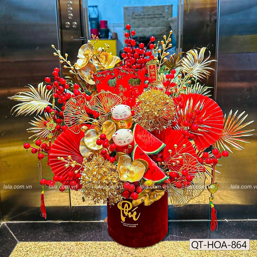 Chậu hoa đào đông đỏ để bàn chữ Phúc trang trí tết đón vận tài lộc mẫu 864