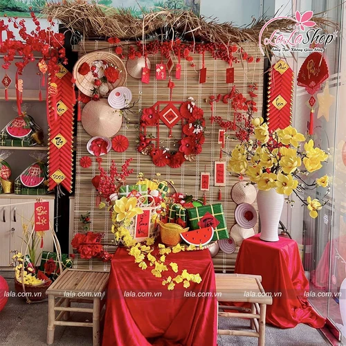 Tiểu Cảnh Mành Tre Kèm Bàn Ghế Trang Trí Tết Nguyên Đán Tài Lộc