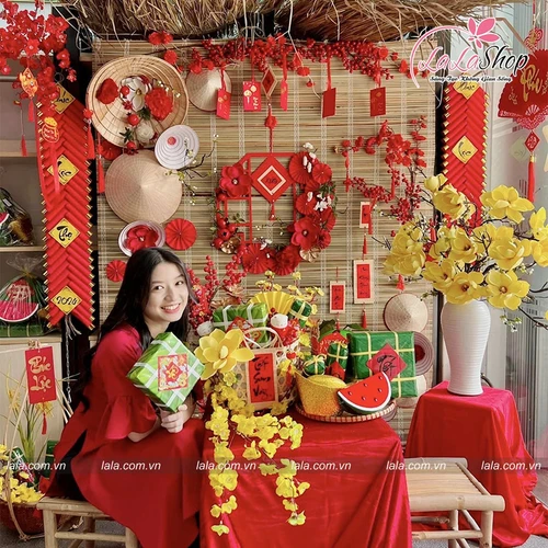 Tiểu Cảnh Mành Tre Kèm Bàn Ghế Trang Trí Tết Nguyên Đán Tài Lộc