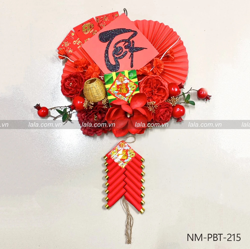 Mẹt tre quạt đỏ bánh chưng đuôi pháo trang trí tết mẫu 215
