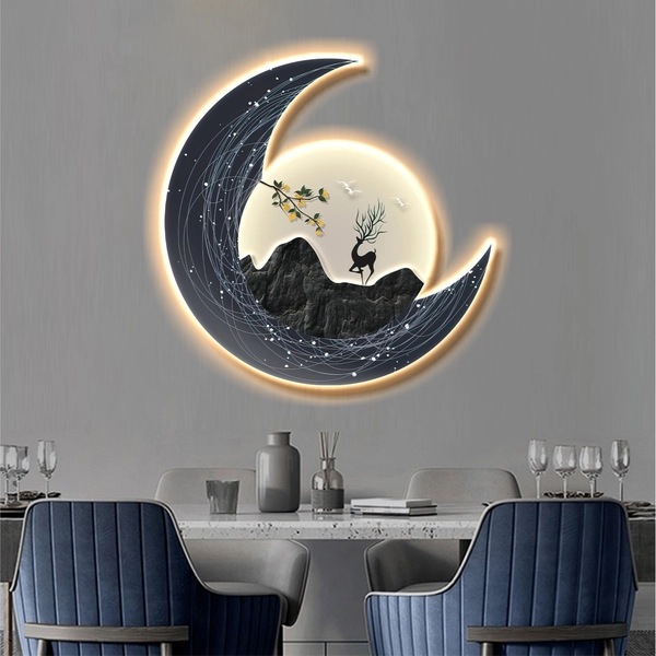Tranh đèn LED tráng gương pha lê cao cấp trăng và hươu trang trí tường hiện đại mẫu 277