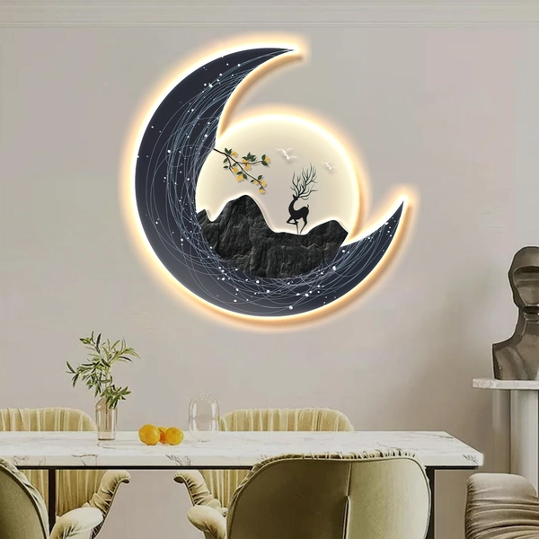 Tranh đèn LED tráng gương pha lê cao cấp trăng và hươu trang trí tường hiện đại mẫu 277