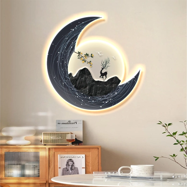 Tranh đèn LED tráng gương pha lê cao cấp trăng và hươu trang trí tường hiện đại mẫu 277