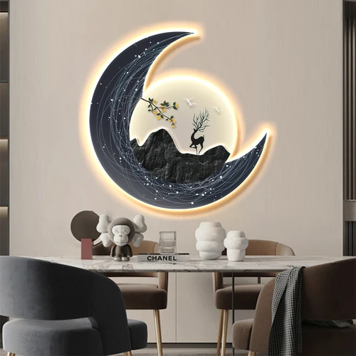 Tranh đèn LED tráng gương pha lê cao cấp trăng và hươu trang trí tường hiện đại mẫu 277