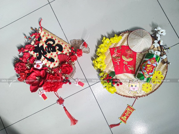 Mẹt tết 45cm chữ phúc bánh tét bao lì xì đỏ trang trí tiểu cảnh đón tết mẫu 222