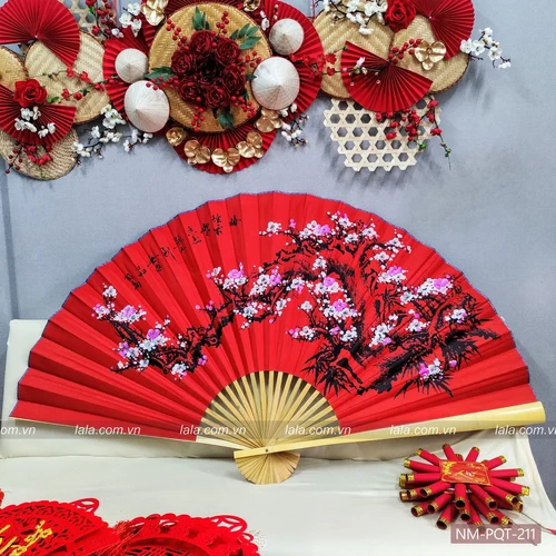 Quạt đỏ lớn 1m6 cành đào hồng trang trí tết mẫu 212