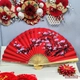 Quạt lụa đỏ size lớn cành đào hồng trang trí tết