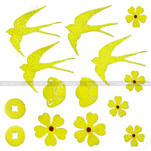 Set hoa mai đồng tiền chim én vàng 10cm xốp dán trang trí tết