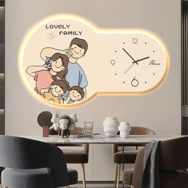 Tranh Đồng Hồ Đèn Led Tráng Gương Pha Lê Uv Gia Đình Hạnh Phúc
