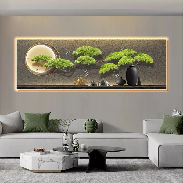 Tranh Đèn Led Tráng Gương Pha Lê Chậu Cây Bon Sai Nghệ Thuật