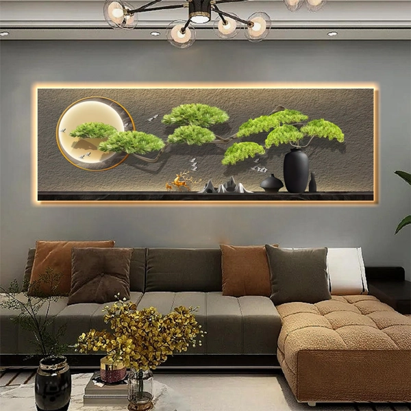 Tranh Đèn Led Tráng Gương Pha Lê Chậu Cây Bon Sai Nghệ Thuật