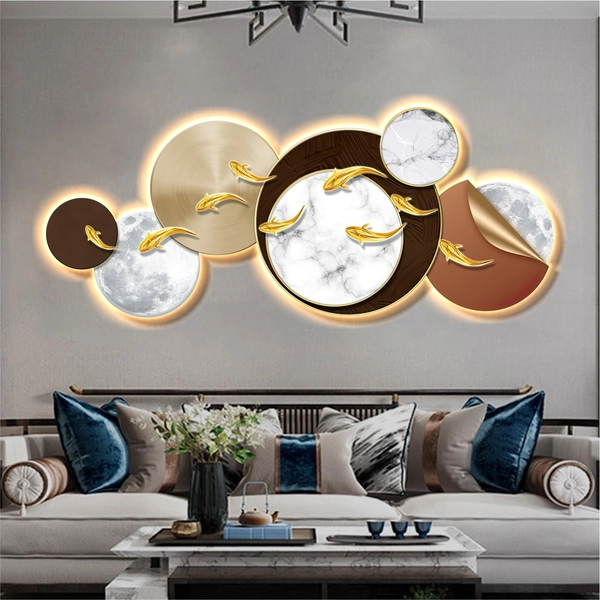 Tranh đèn LED tráng gương pha lê cao cấp Cá chép vàng may mắn