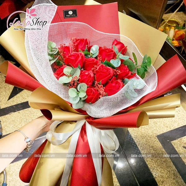 Bó hoa sáp thơm cao cấp 15 bông giấy gói 2 mặt mẫu 880